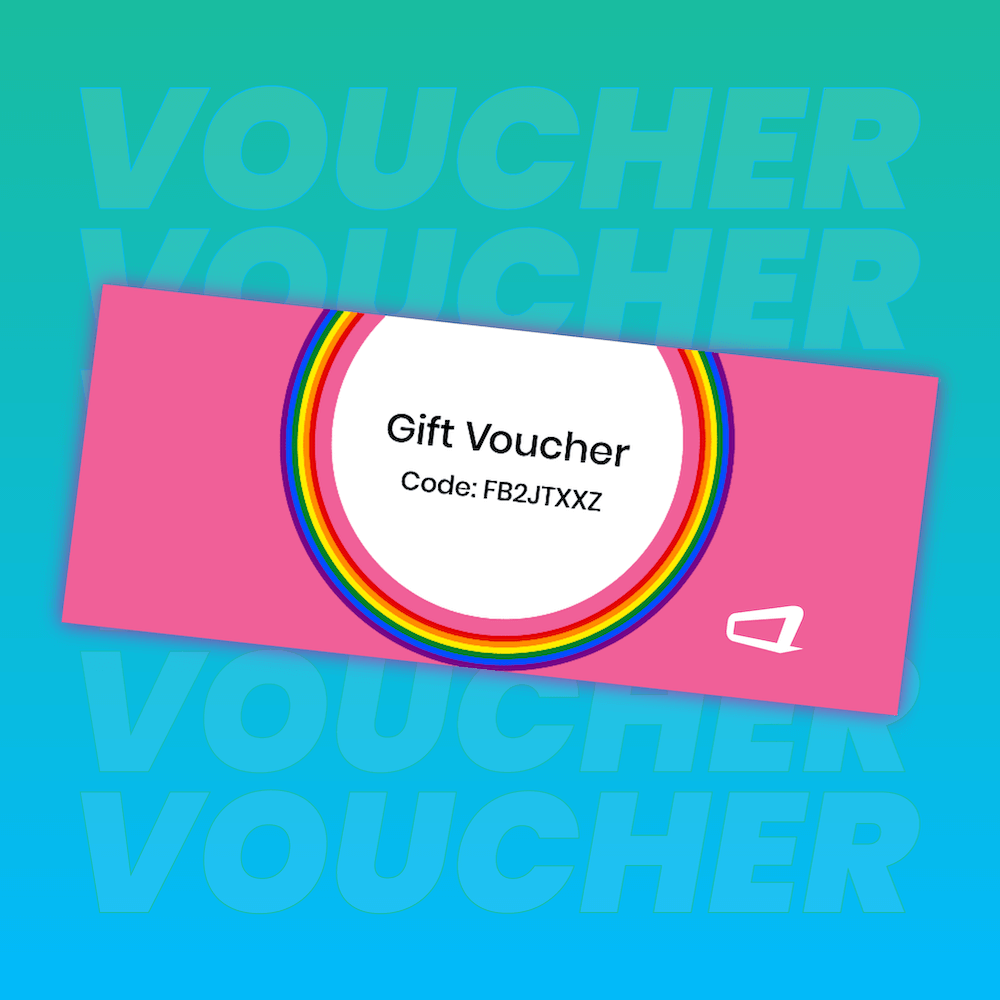 graphic representation of a Queer Screen Gift Voucher featuring bright rainbow colours