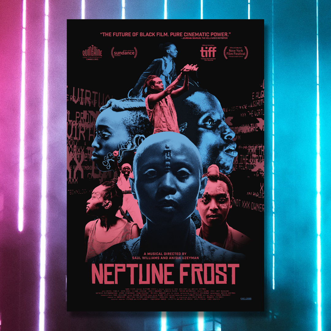 Neptune Frost poster with neon background