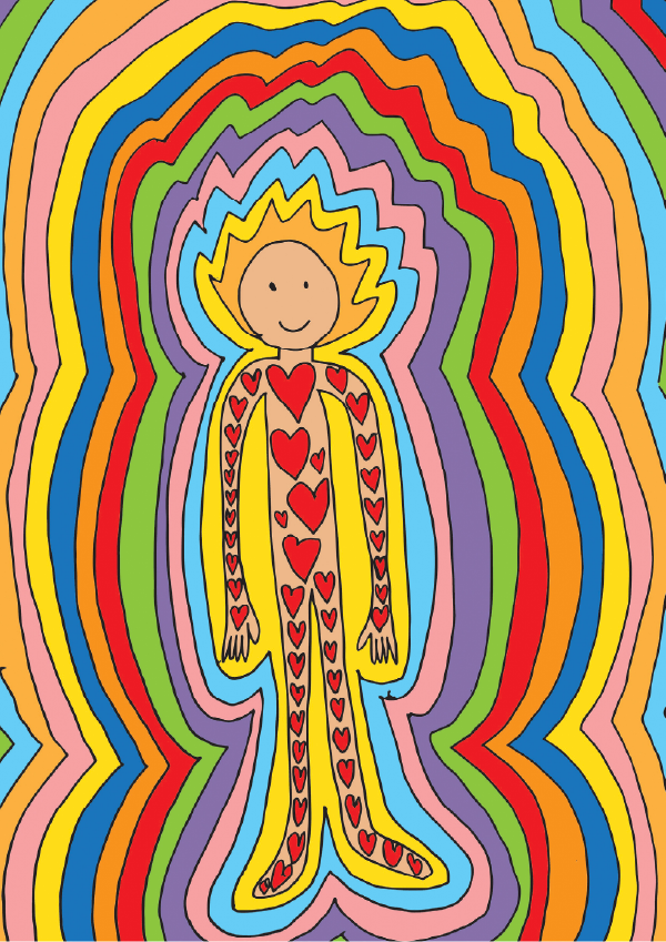 hand drawn illustration of a person fill with love hearts. The person has a radiating series of colours surrounding them.