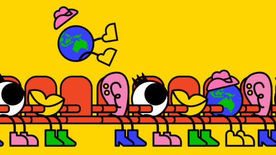 multiple illustrated characters of eyes, lips, ears, and globes sit in red theatre chairs, hating as one globe character falls from the top of the image and into their seat