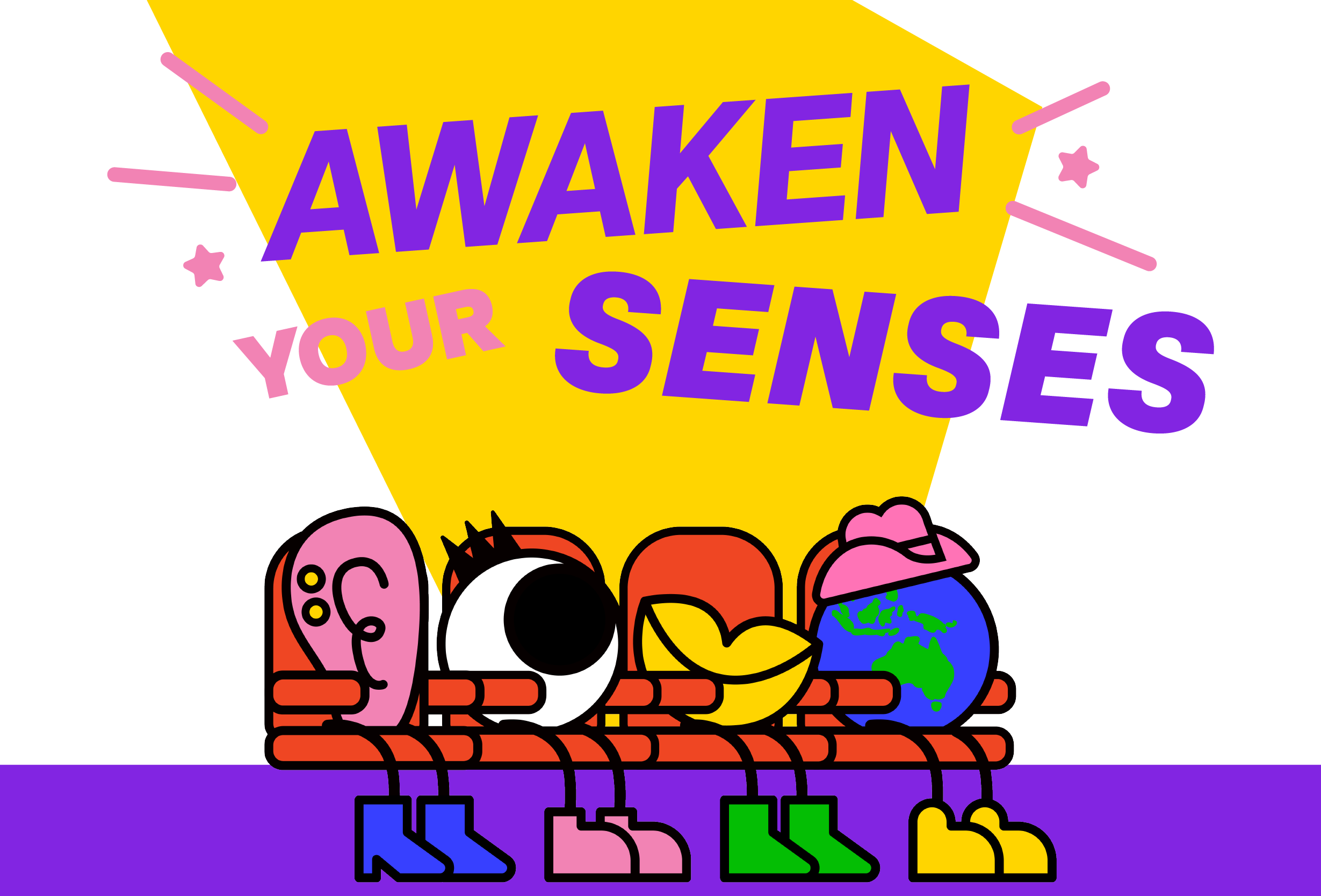 Awaken your senses text in purple. An ear, eye, lips and world sit at the cinema.