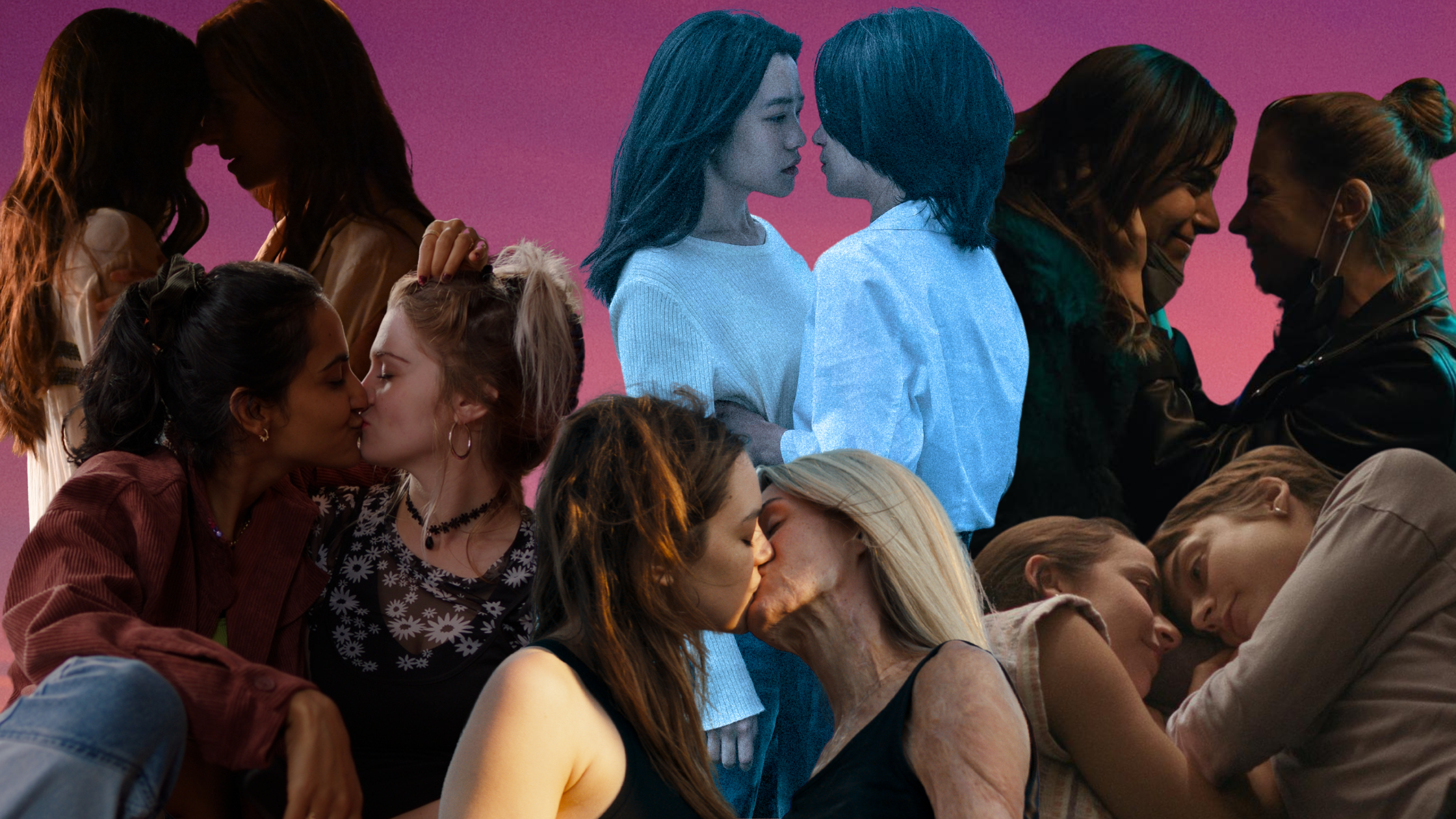 A collage of image from various films of women kissing or embracing