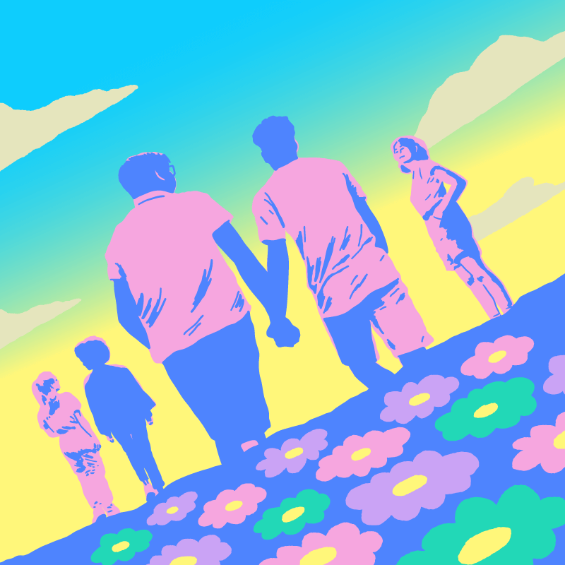 Illustrated poster featuring pastel-colored figures and flowers against a vibrant sky background.