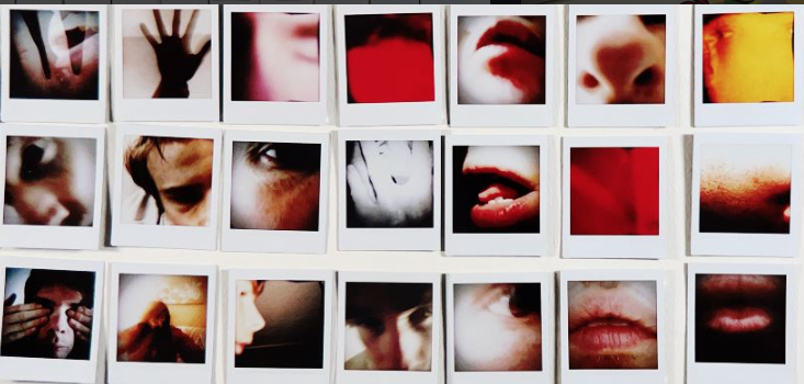 A collection of polaroid photos, all showing close-ups of different body parts.