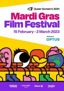 Cover for MGFF23 festival guide. Cover features four illustrated characters, seated in a cinema setting, an ear, an eye, a pair of lips, and a globe.