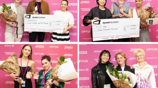Collage of filmmakers and award winners with their awards and novelty cheques for My Queer Career 2023