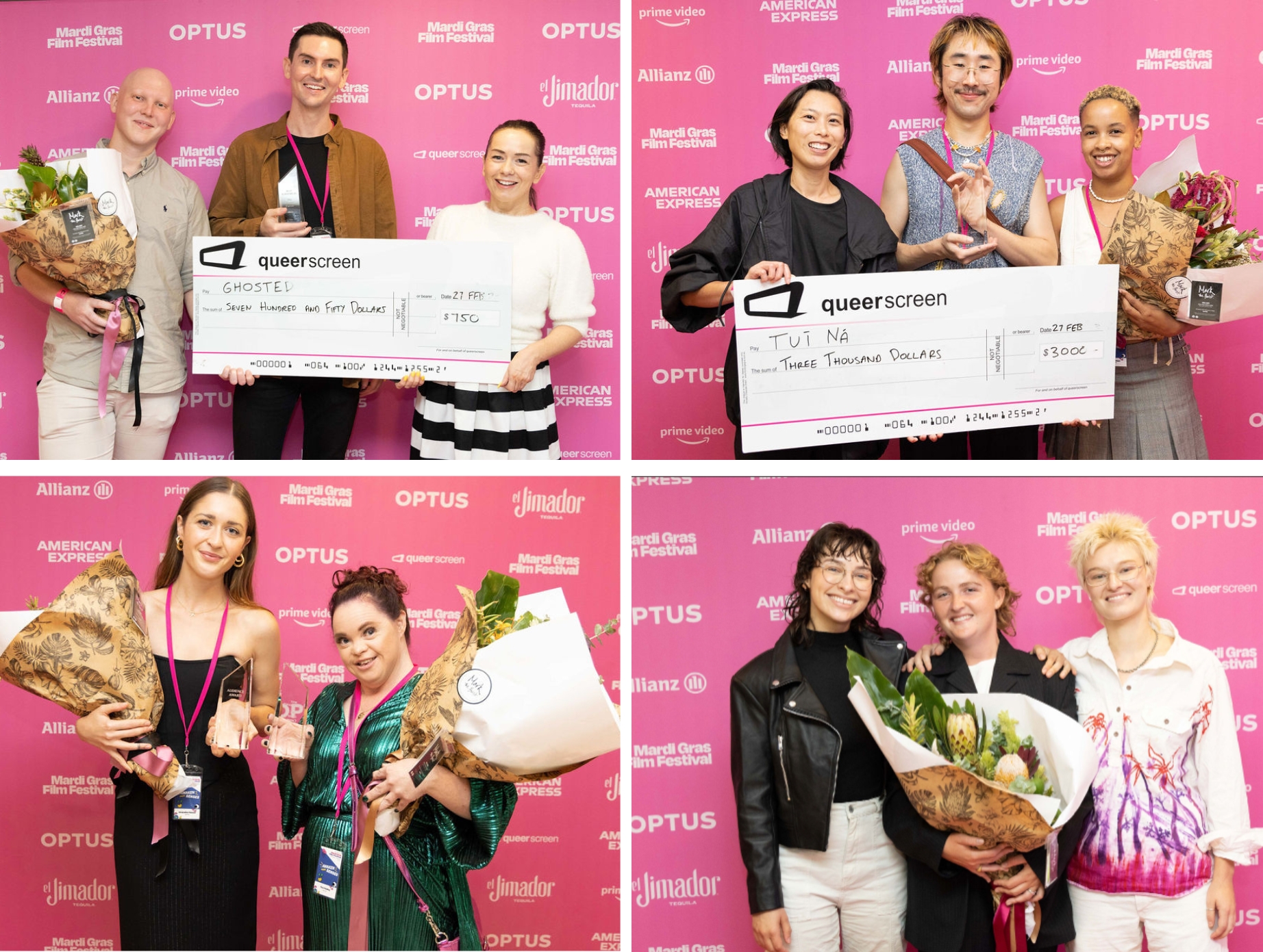 Collage of filmmakers and award winners with their awards and novelty cheques for My Queer Career 2023