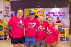 Four Queer Screen volunteers at the 2023 Mardi Gras Film Festival