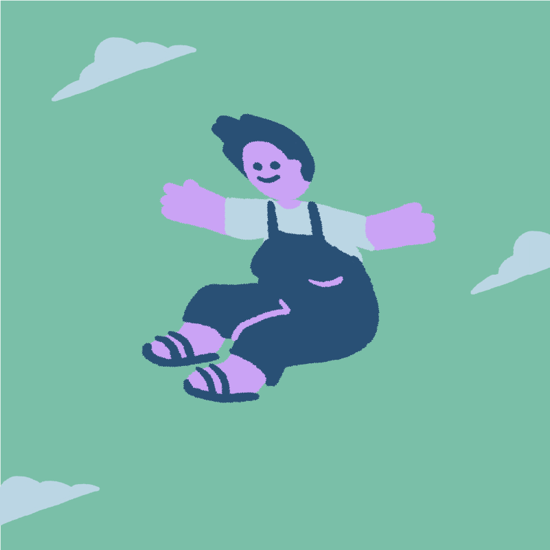An illustration of a person falling or floating in the sky. The person is wearing sandals, blue overalls, a mint t-shirt and is smiling. Clouds are in the background.