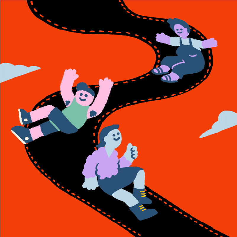 An illustration of three people sliding down a film strip in the sky. The people are wearing a mixture of blue, lavender and mint coloured clothing. They are smiling and looking up at clouds and wither giving a thumbs up, or have their hands raised in the air.