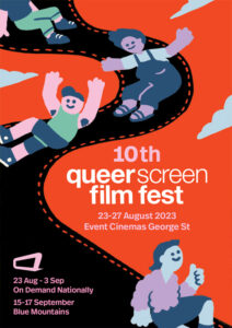 Cover for QSFF23 festival guide. Artwork features an illustration of four people sliding down a film strip in the sky. The people are wearing a mixture of blue, lavender and mint coloured clothing. They are smiling and looking up at clouds and giving a thumbs up, or have their hands raised in the air. Text reads: 10th Queer Screen Film Fest.