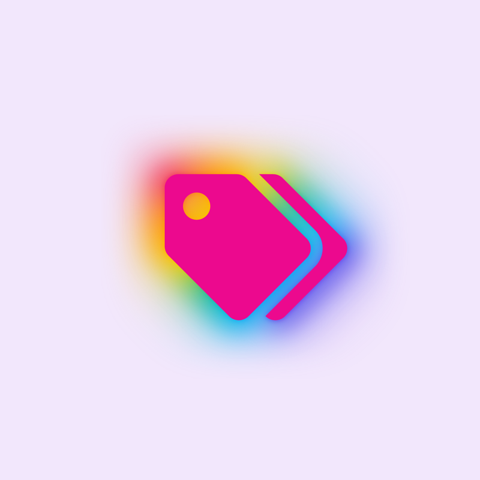 An icon of a pink shopping label tag with a rainbow drop shadow