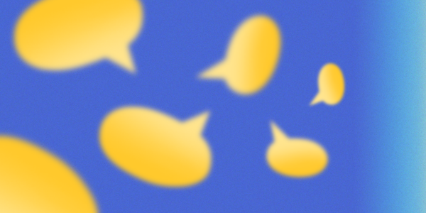 An illustration of yellow speech bubbles over a blue background
