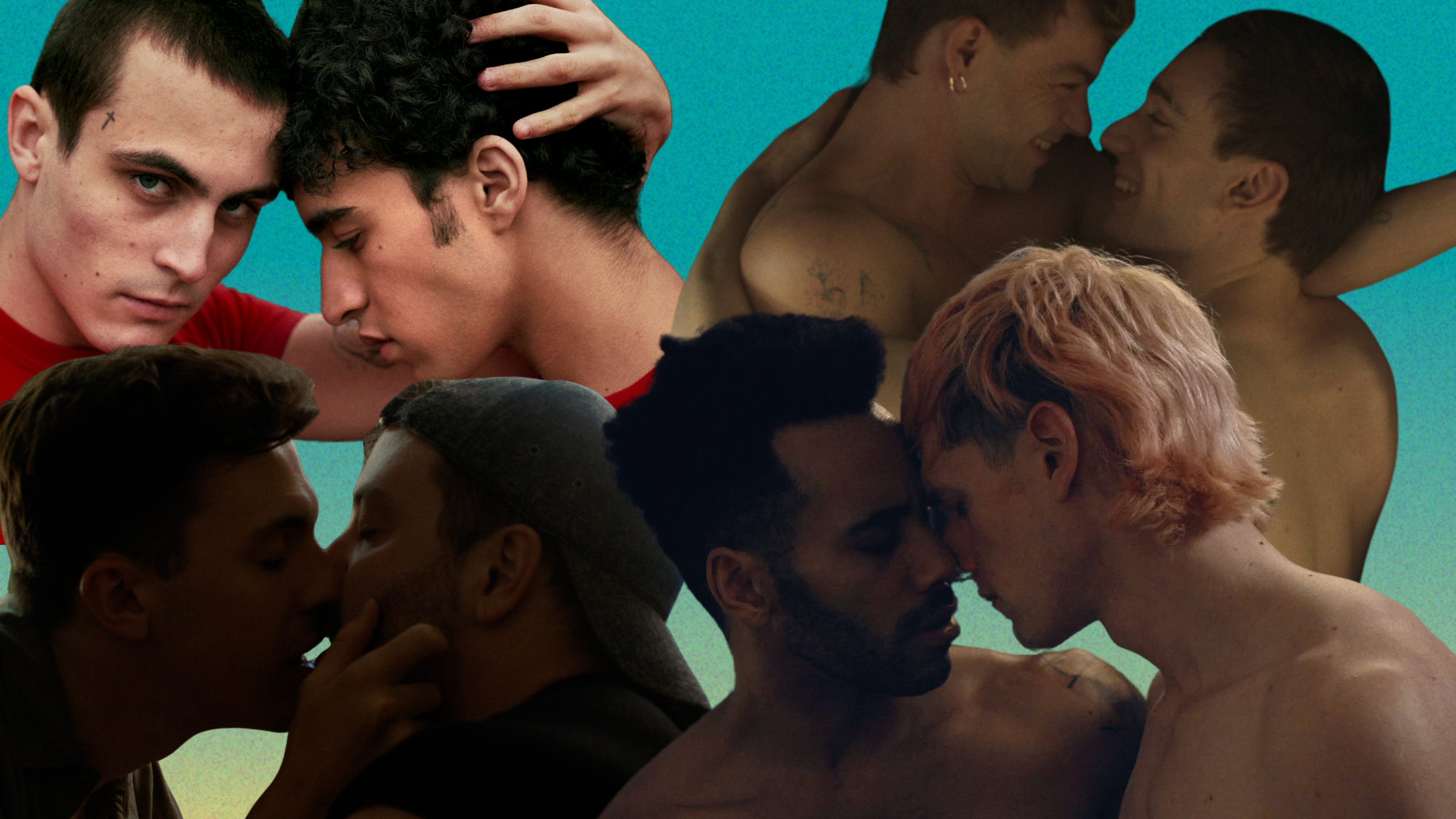 A collage of stills of people kissing or embracing from films included in the MGFF24 program.