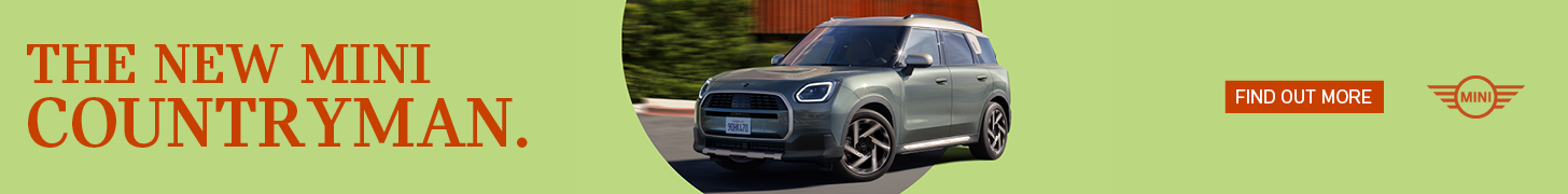 Advertising for Mini. A photo of the new Mini Countryman, in side profile, in a grey green colour, is shown turning a corner. Text reads: The new Mini Countryman. Find out more.