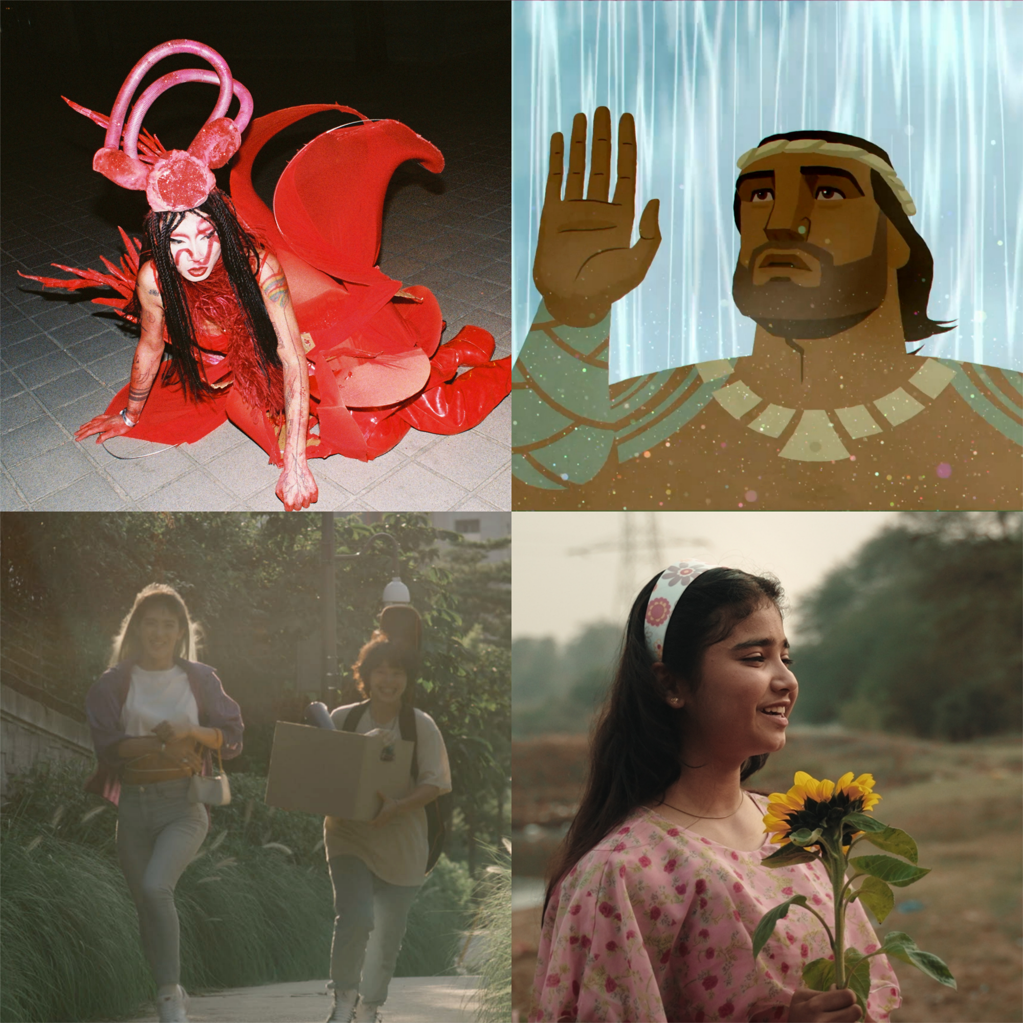 A collage of images: a drag queen, a cartoon man, two women running, and a girl holding a sunflower.
