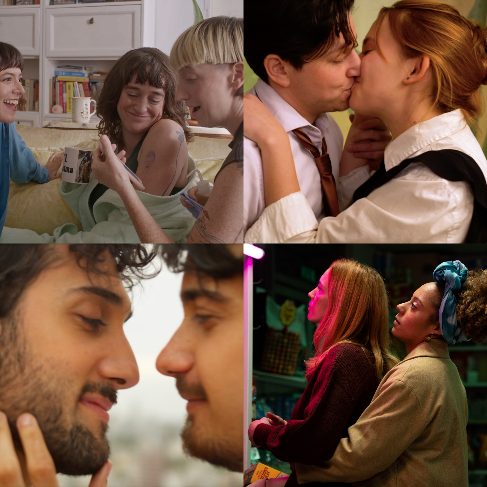 A collage of images: three people with trendy haircuts laugh while one reads from a phone, a man and woman (both in suits) kiss, two men smile as they look into each other's eyes, and two women embrace while standing in a corner shop.