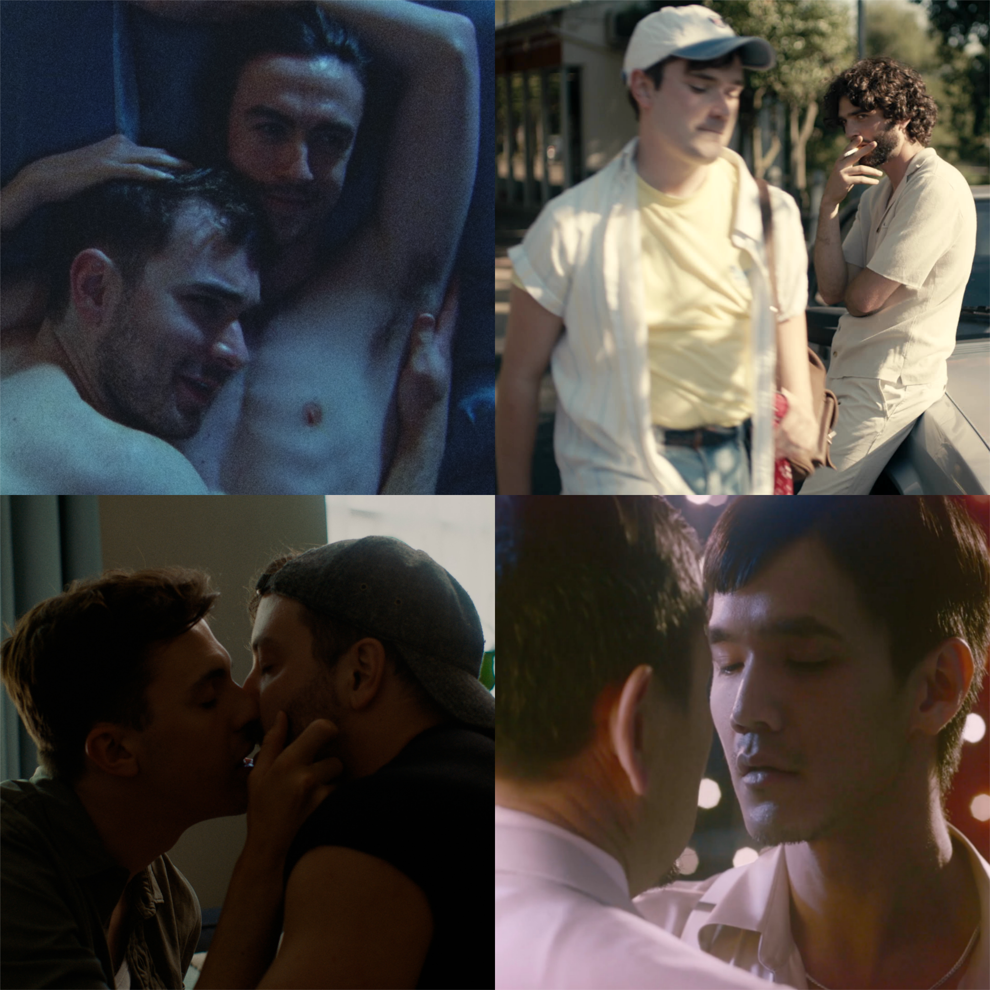A collage of images: two shirtless men lying in bed, a man leaning on a car checking out another man walking past, two men kissing passionately, and two men slow dancing.