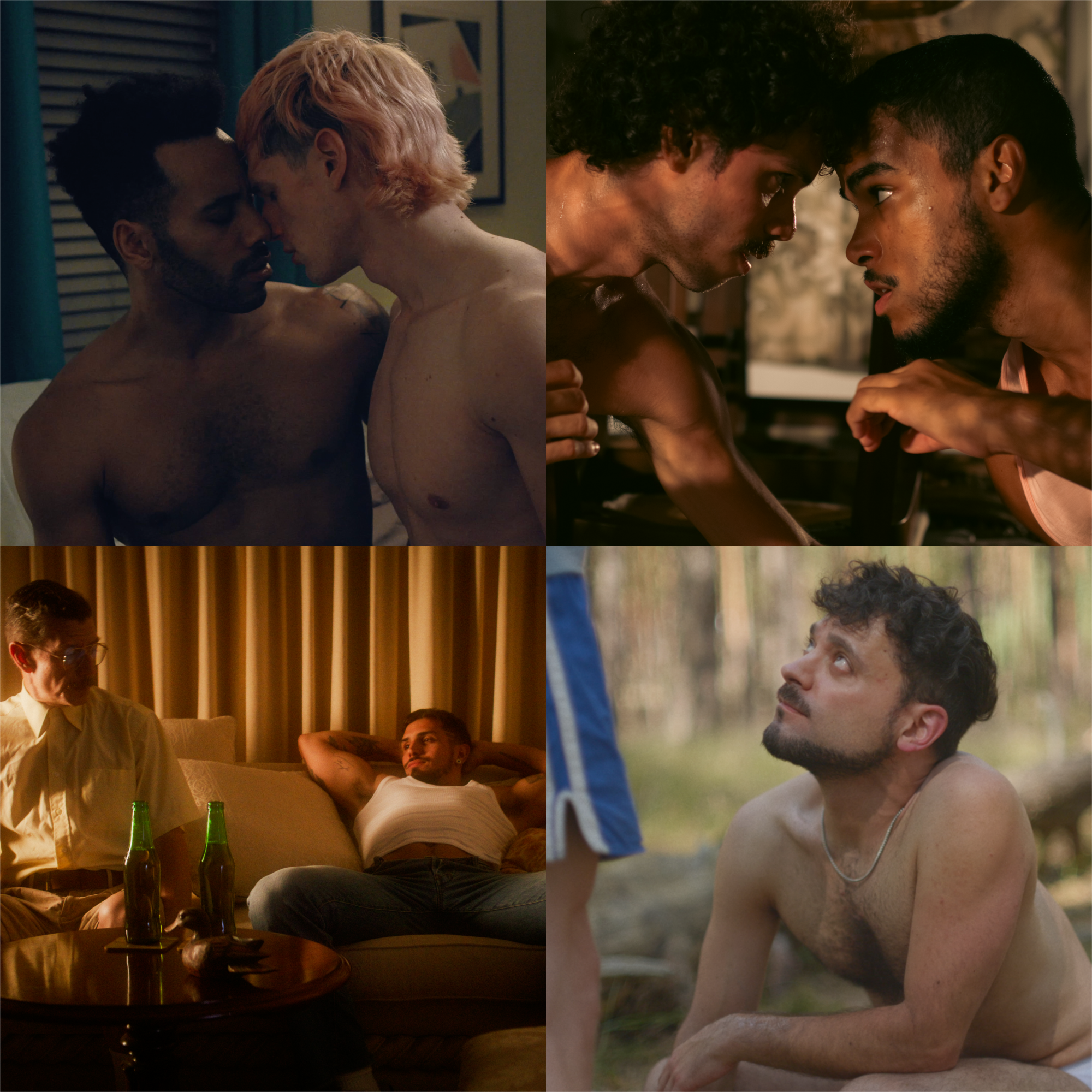 A collage of images: two shirtless men about to kiss, two sweaty men looking into each other's eyes intensely, a man lying back seductively on a couch looking at another more timid man, and a man in his underwear kneeling looking up at another man.