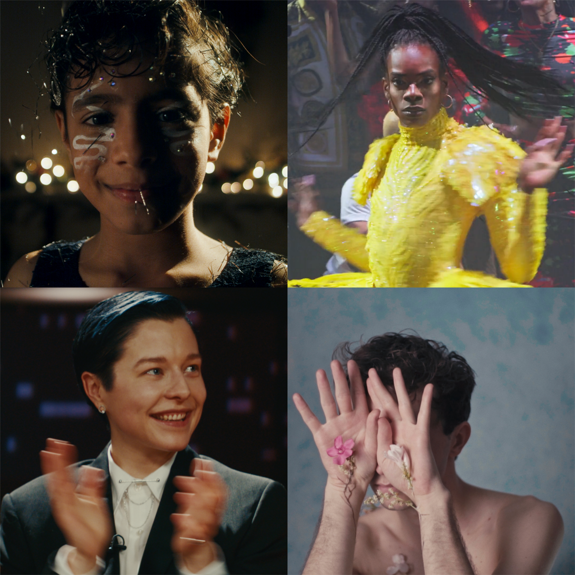 A collage of images: a child with sparkly make-up, someone voguing, Emma D'Arcy in a suit, and someone covering their face with flowers on their palms.