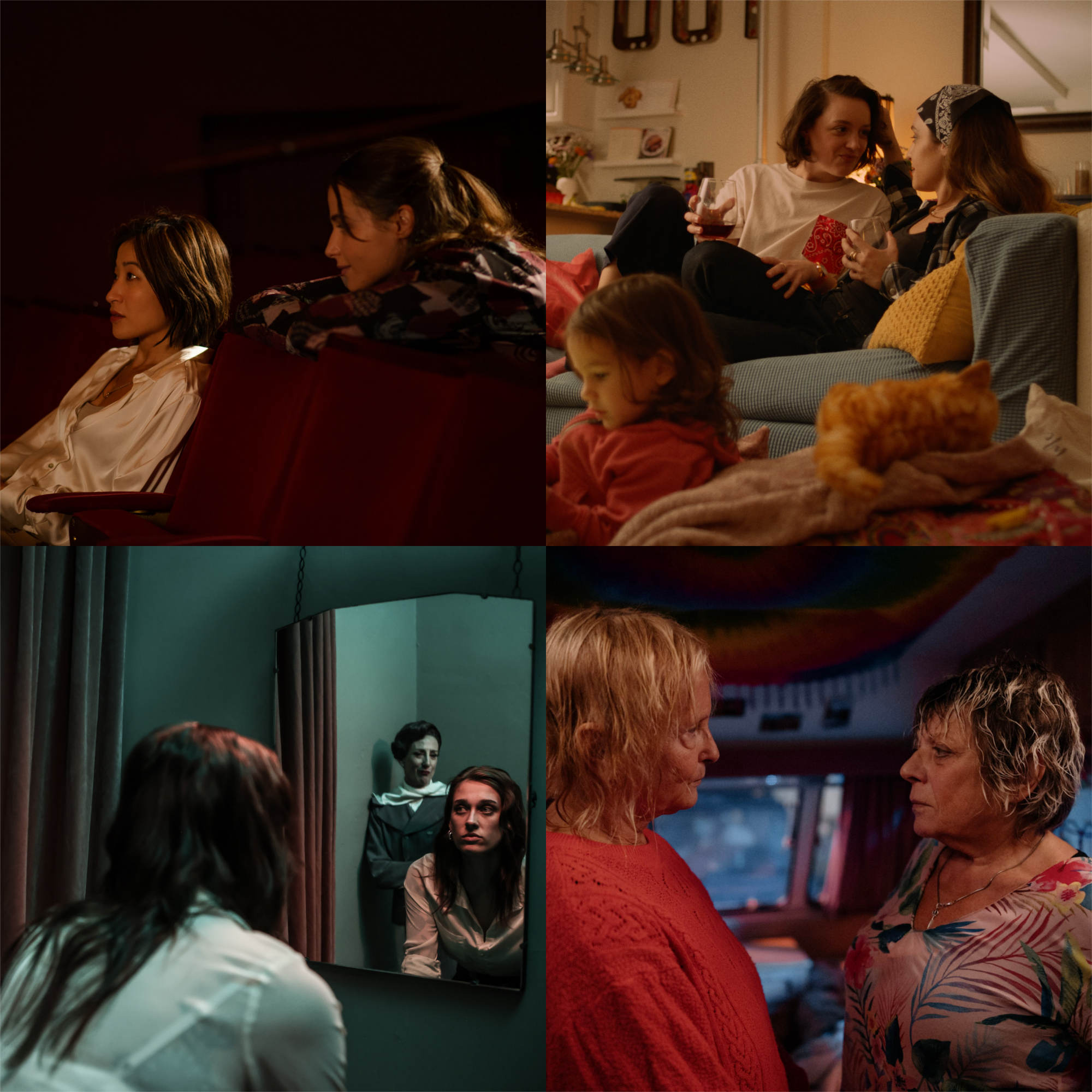 A collage of images: two women sitting in a cinema, a couple sharing a drink on a couch, a woman looking into a mirror with a ghostly figure over her shoulder, and two older women with het hair looking into each other's eyes lovingly.
