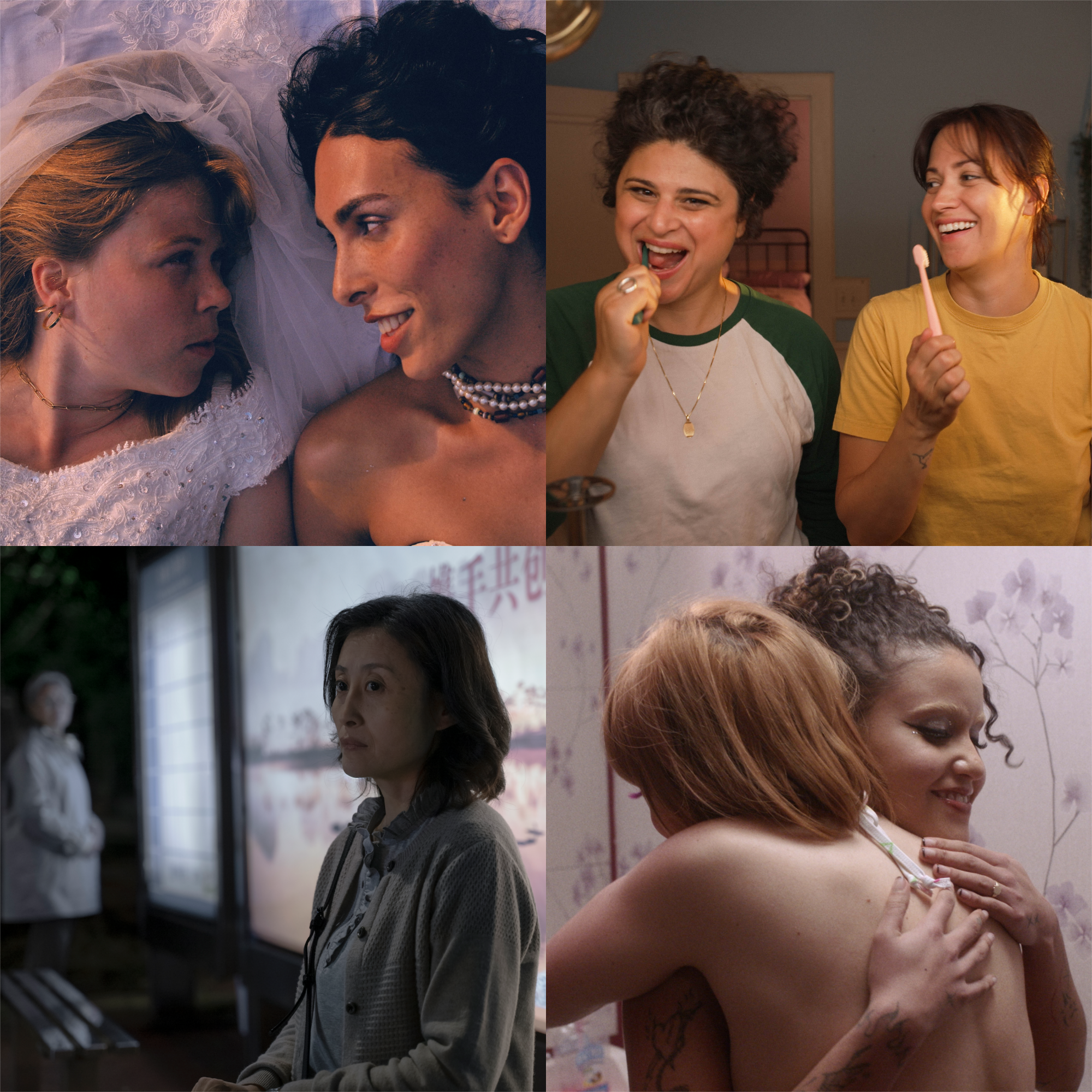 A collage of images: two women lying next to each other looking lovingly into each other's eyes, two women laughing while brushing their teeth, an older woman standing oblivious to another watching her longingly, and two women hugging.