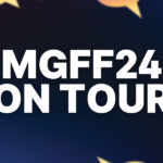 A gradient navy background with colourful speech bubbles. In the centre, the text reads, 'MGFF24 On Tour'.