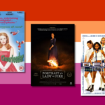 three film posters on a lesbian flag background