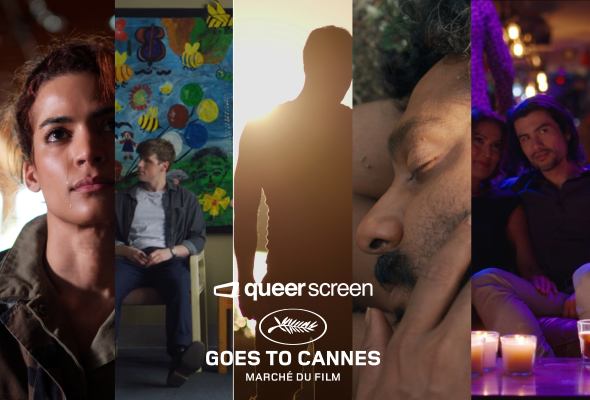 Five film stills with logo for Queer Screen goes to Cannes