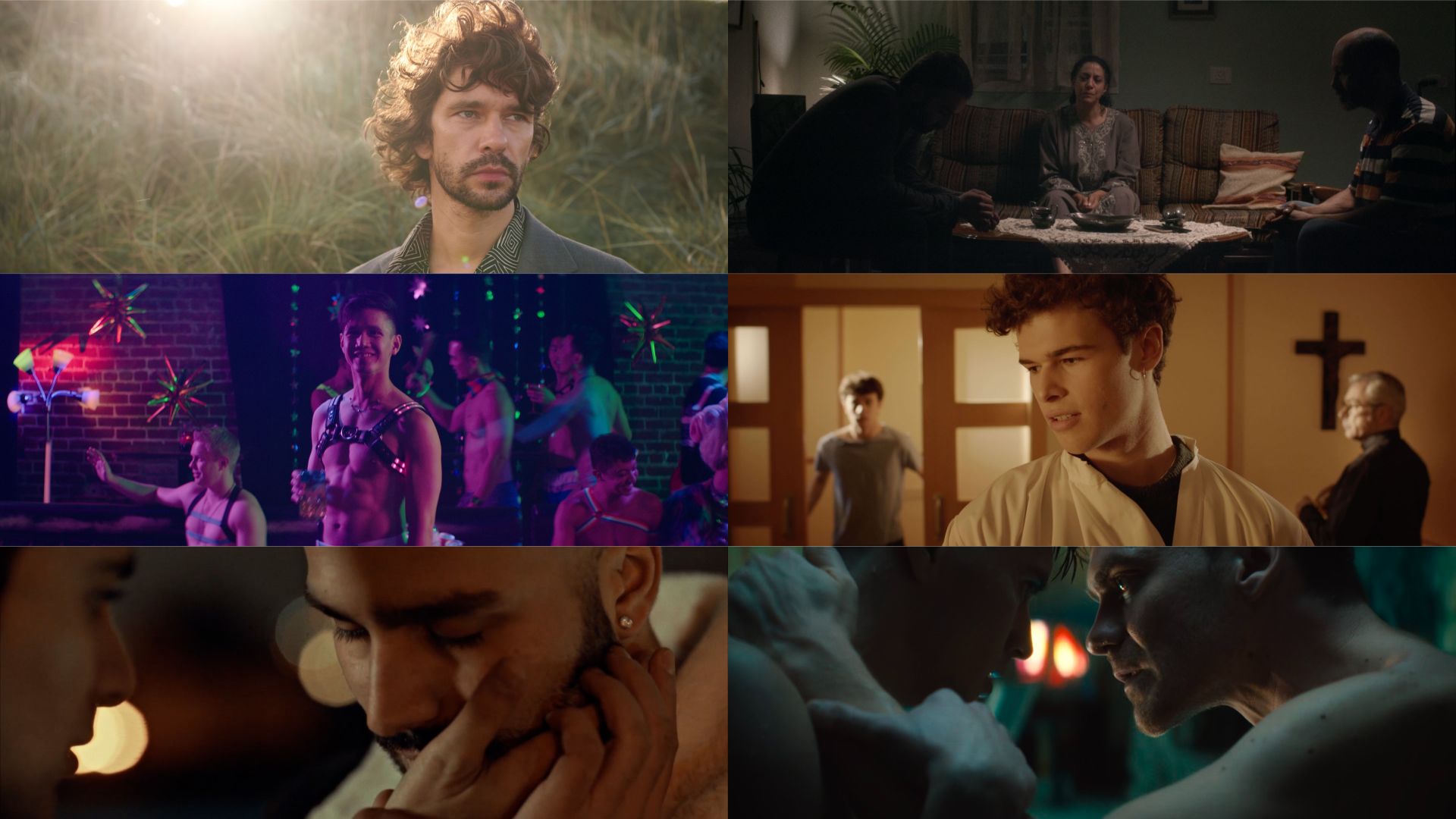 A collage of images: a man standing in the sunlight with hair blowing in the air; two men and a woman sitting around a coffee table looking forlorn; a group of men in harnesses at a party; a young man with a large cross in the background; a man holding another man's hand to his cheek; and two men grasping on to each other intensely.