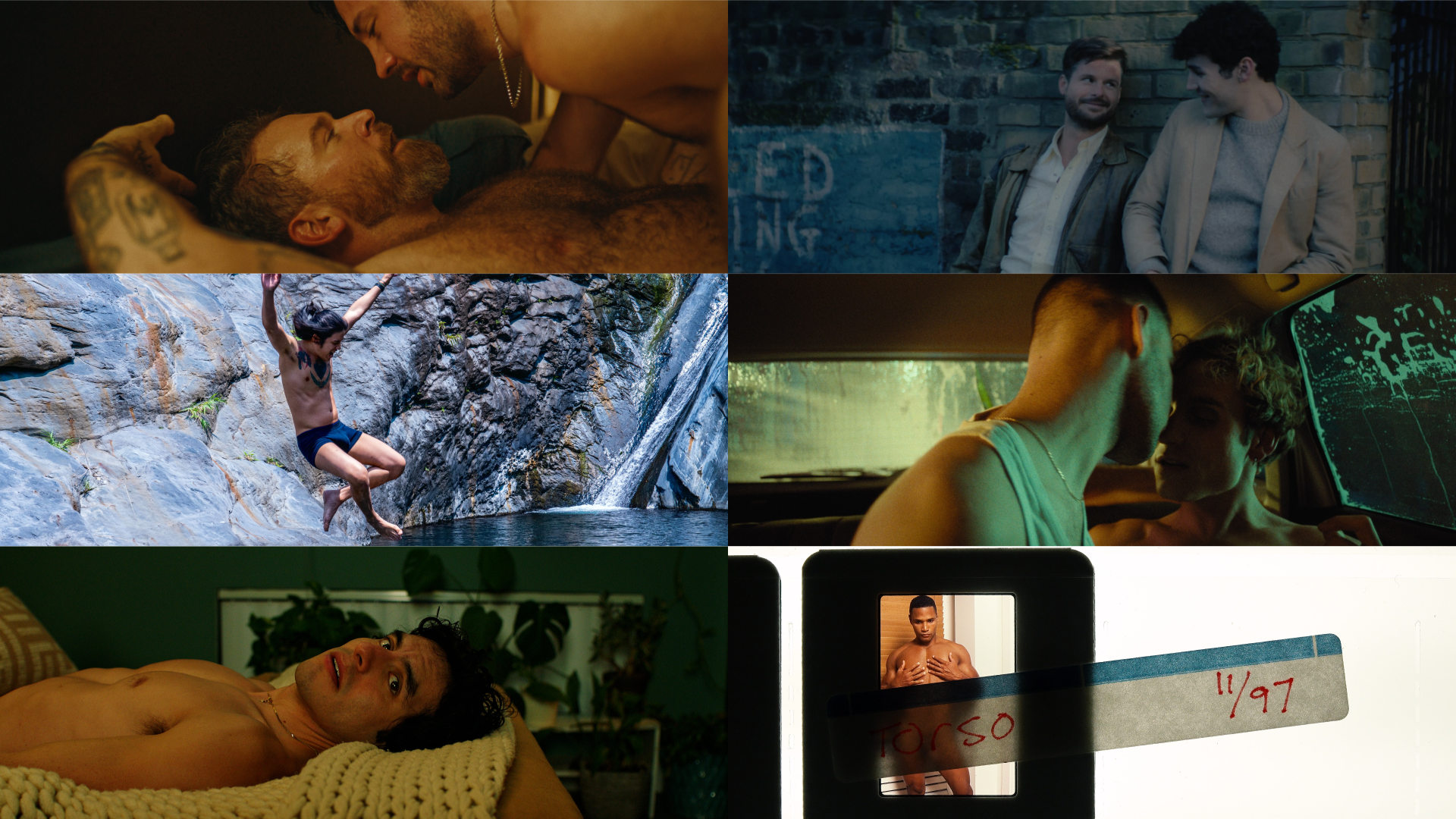 A collage of images: two naked hairy men lie in bed together; two men lean against a wall smiling at each other; a man in his underwear jumps into a lake; two men in the back of a car during a car wash kiss; a shirtless man lies on a bed looking slightly forlorn; and a film off-cut of a photo of a shirtless man.