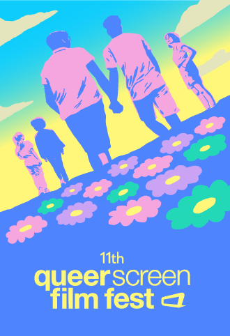 Illustrated poster for the 11th Queer Screen Film Fest featuring pastel-colored figures and flowers against a vibrant sky background.