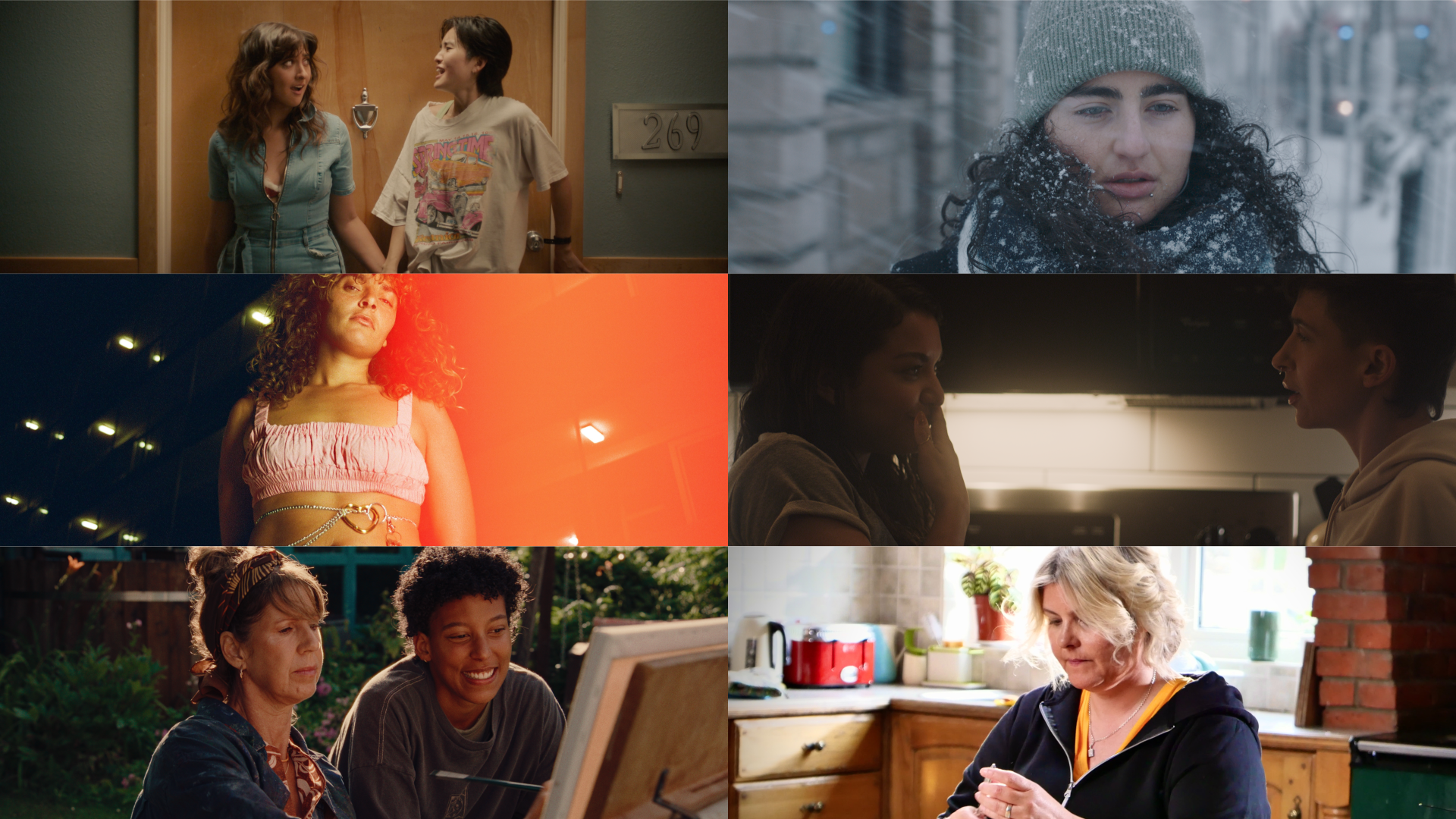 A collage of images: two people hold each other's hands smiling; a woman walks in the snow; a woman poses wearing a carabiner; two women smile at each other; a woman looks on while her mother paints; and a woman sits at a kitchen table