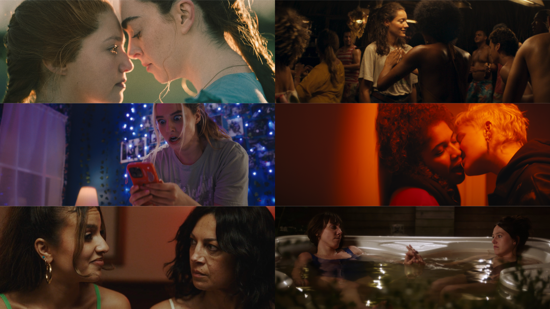 A collage of images: two women. resting their foreheads together, two women standing in a crowd as one rests her hand on the other's chest, a young woman looking at her phone in horror, two women passionately making out, a younger women smiling at an older women, and two women sitting in a hot tub, as they link hands