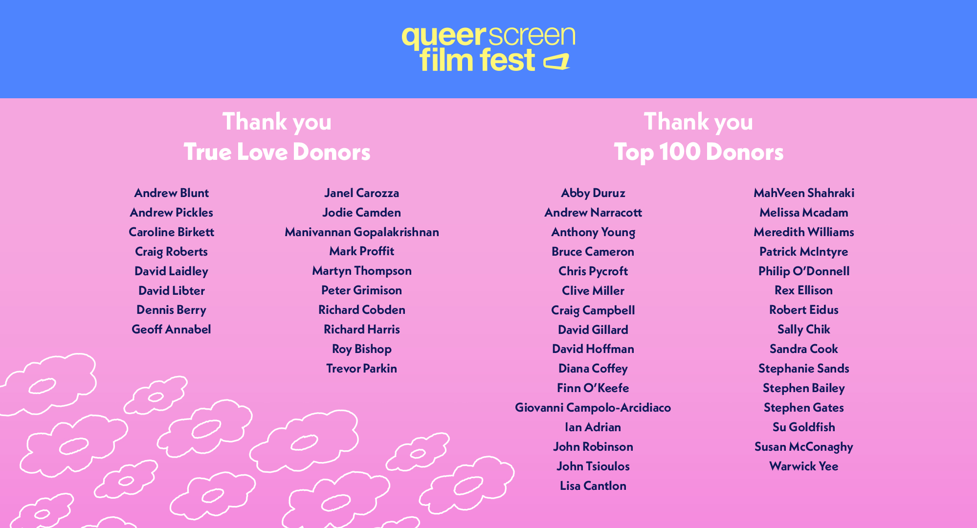 A roll call of True Love and Top 100 Donors on a pink and blue background