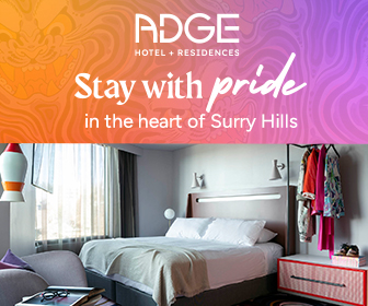 Advertising for Adge Hotel. Text reads: Stay with pride in the heart of Surry Hills.