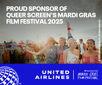 Advertising for United Airlines. Text reads: Proud Sponsor of Queer Screen's Mardi Gras Film Festival 2025.