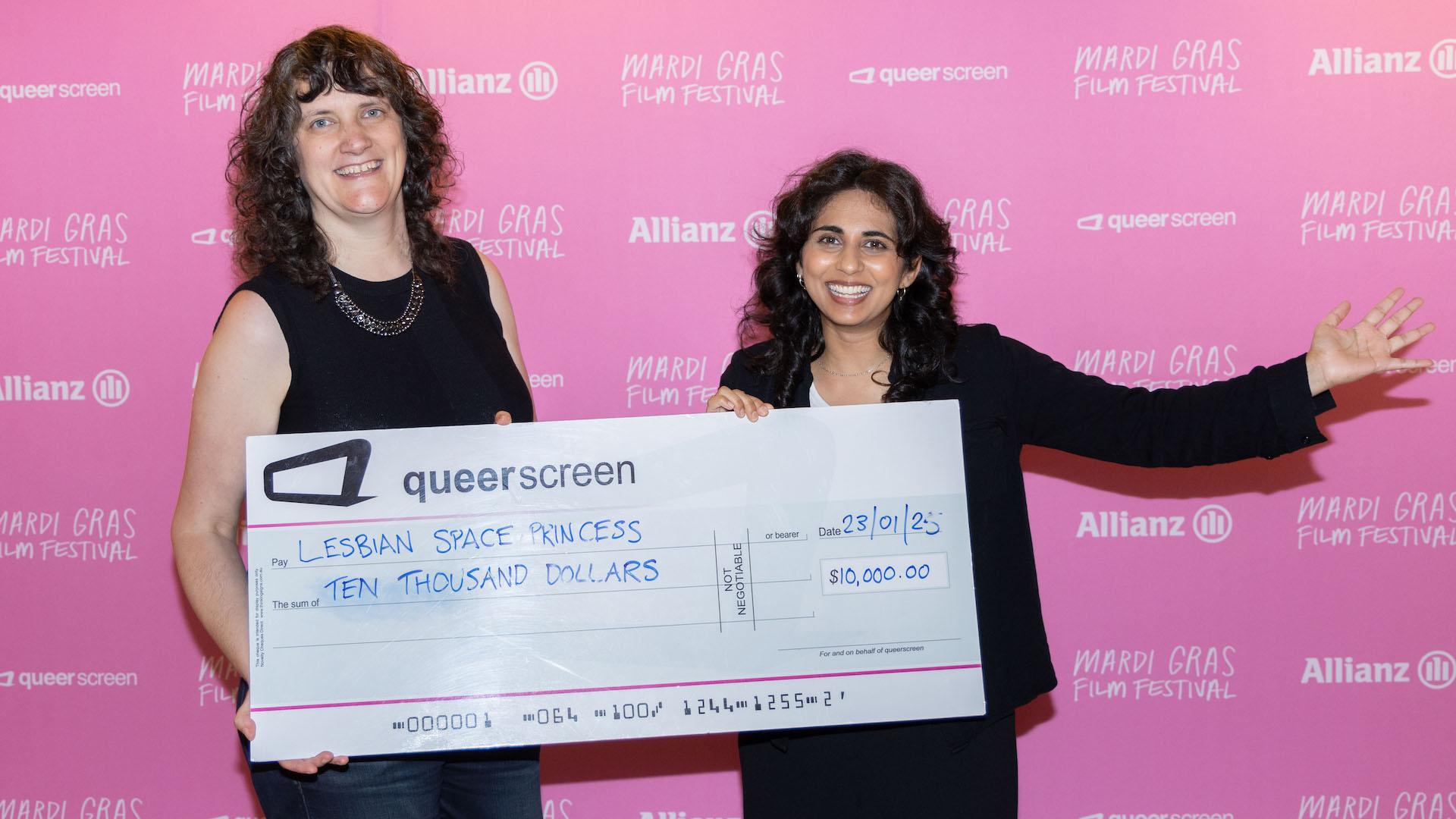 Leela Varghese with her winning cheque and Queer Screen Festival Director Lisa Rose