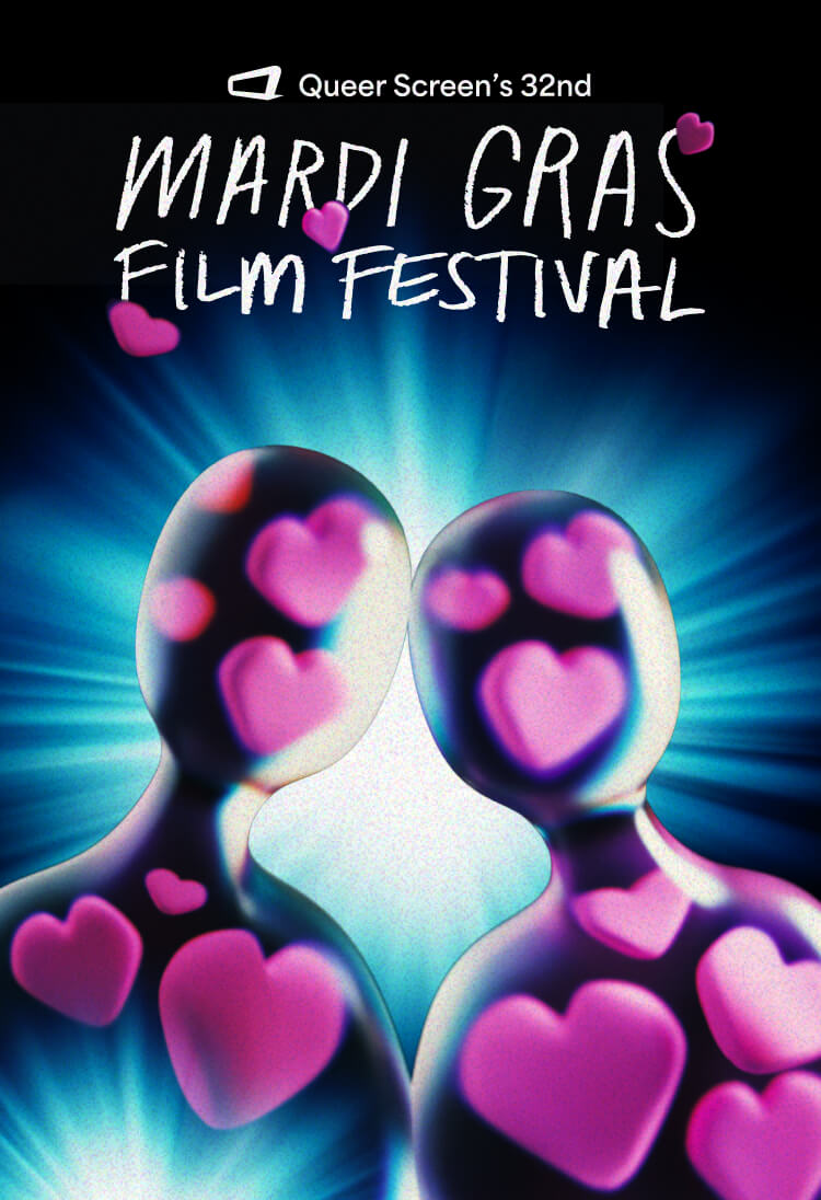 Two abstract humanoid figures glowing with vibrant blue light, featuring pink heart-shaped patterns across their bodies. They appear to lean toward each other against a black background. To the right, text reads 'Queer Screen's 32nd Mardi Gras Film Festival' in a handwritten-style font.