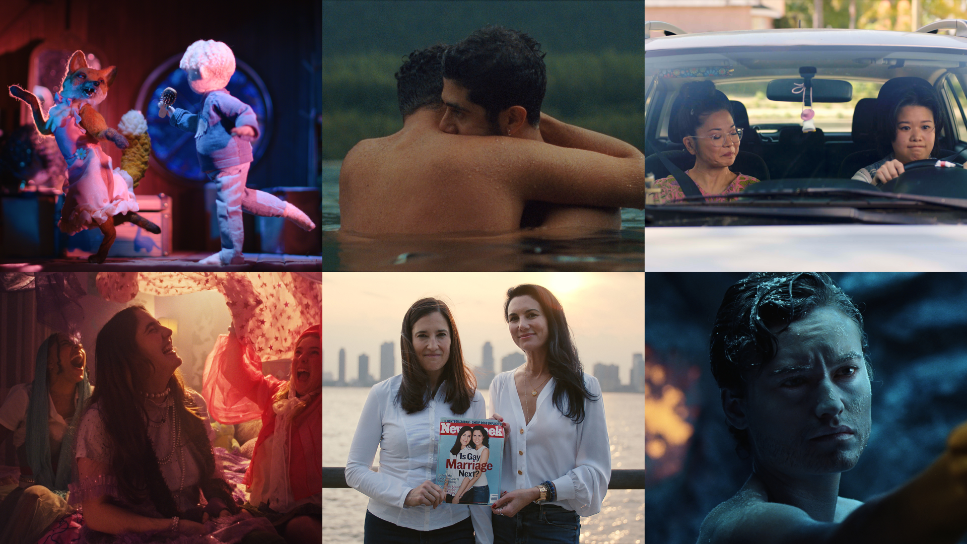 A collage of images from short films: Dragfox, One Day This Kid, Really Good Driver, With Love Lottie, Is Gay Marriage Next? and Skin