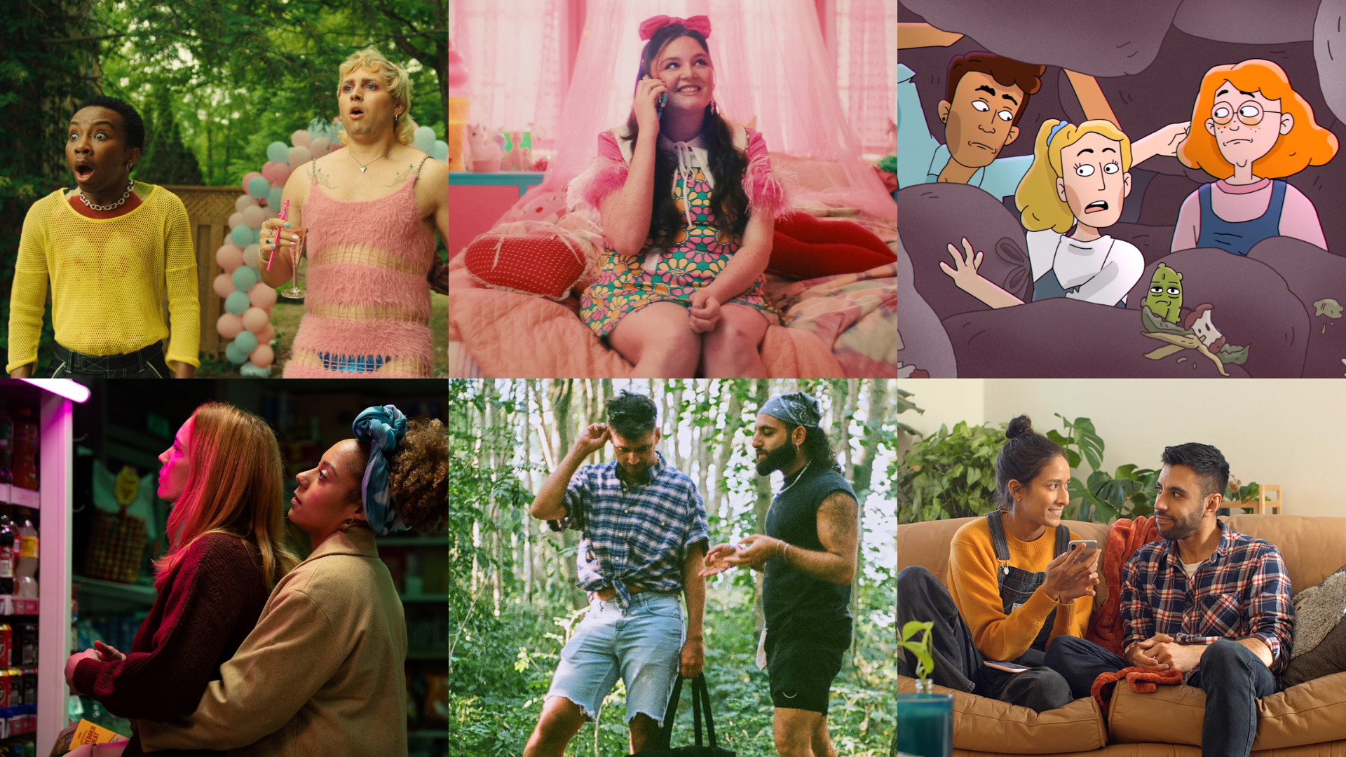 A collage of images from some short films: Gender Reveal, ILY BYE, Single, F**KED, Foraging and Why Not Both?